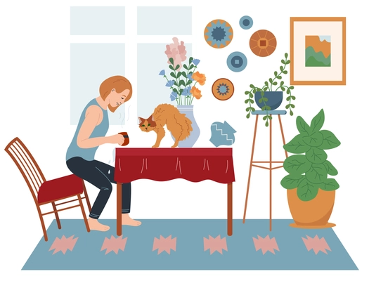 Household injuries flat composition with character of woman getting burn spilling tea before cat on table vector illustration