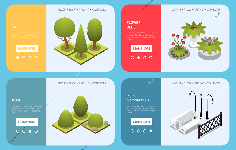 Park landscape banners set with flower beds isometric isolated vector illustration