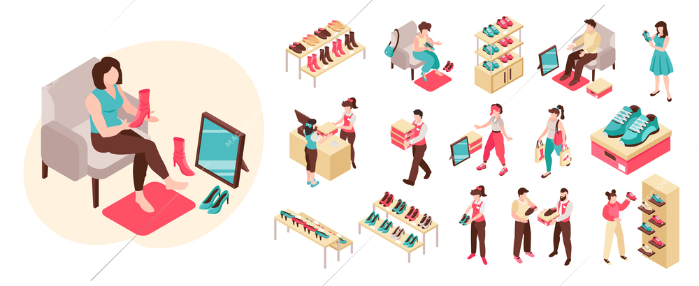 Shoe store big isometric set with interior elements shop assistants and people trying on boots making purchases isolated on white background 3d vector illustration