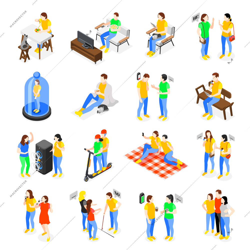 Introvert and extrovert people isometric icons set with pastime symbols isolated vector illustration