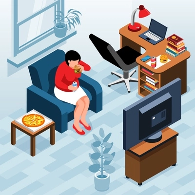 Isometric sedentary composition with indoor view of workplace and fat woman eating pizza and watching tv vector illustration