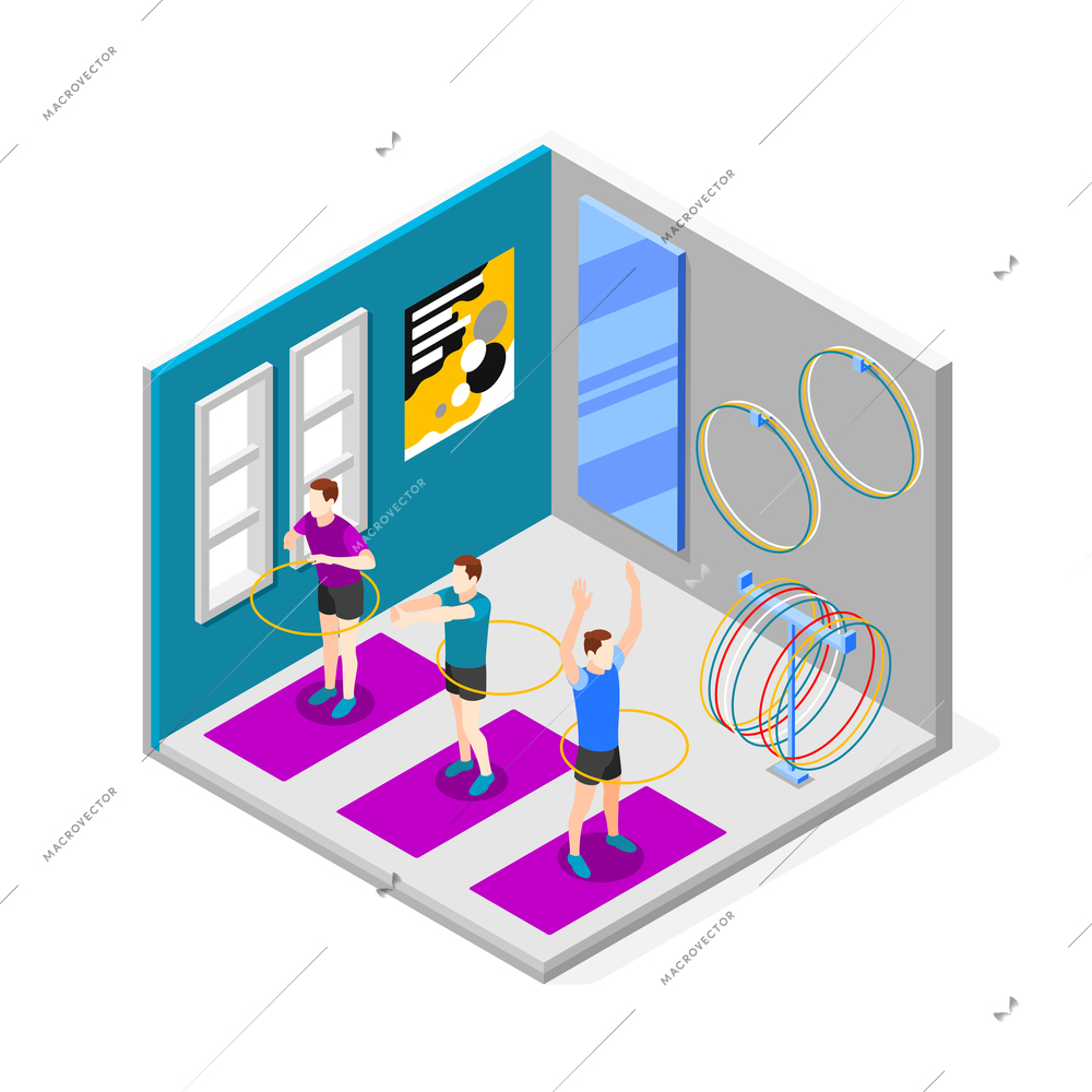 Sporty activities isometric composition with male characters exercising with hula hoop in gym vector illustration