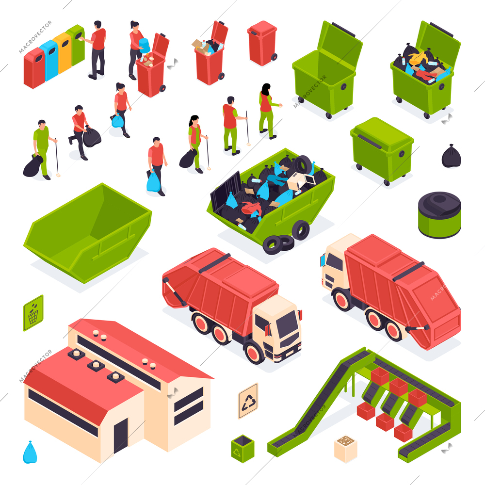 Isometric garbage recycling icon set with trash bags garbage collectors containers and machines vector illustration