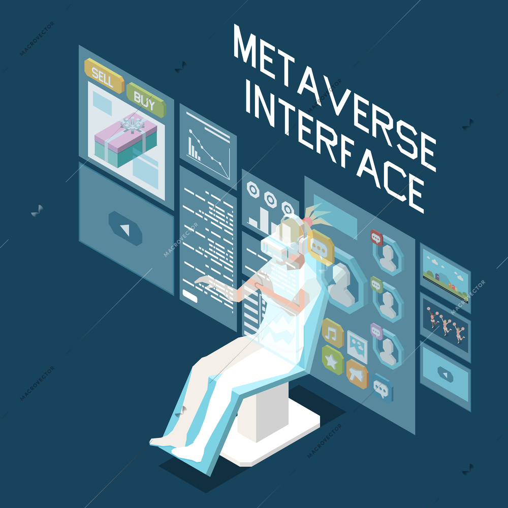 Isometric metaverse concept with woman in virtual reality glasses using interactive screens 3d vector illustration