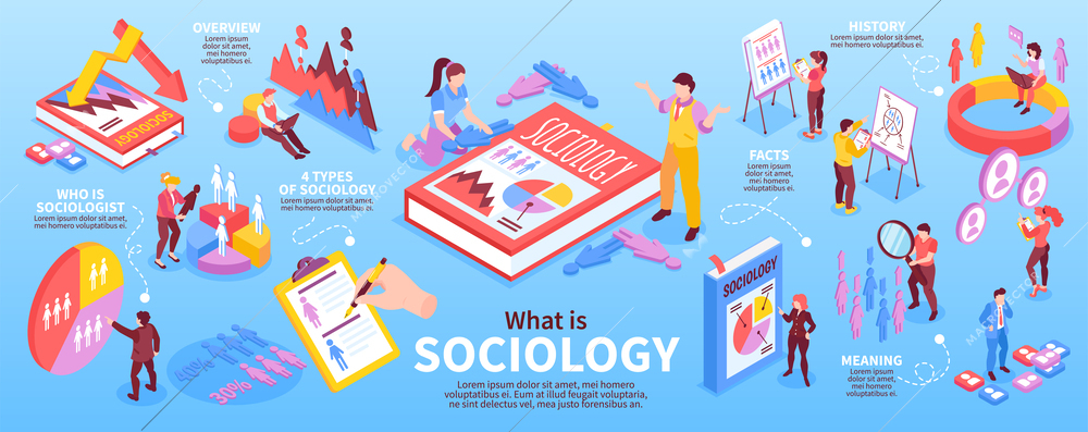 Isometric sociology infographics with statistic polls charts and public presentation vector illustration