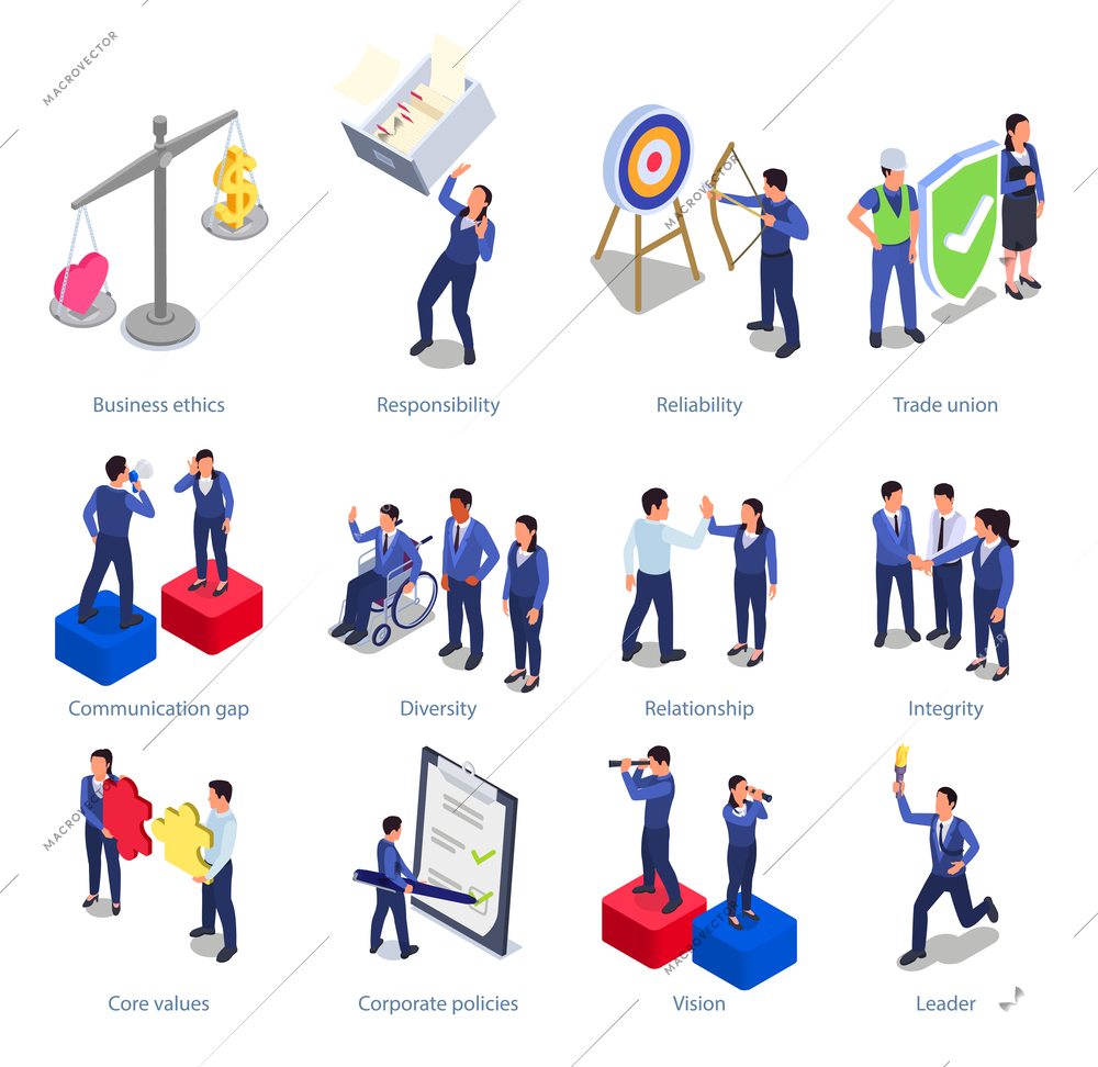 Isometric set of corporate culture concept symbols as business ethics and trade union isolated vector illustration