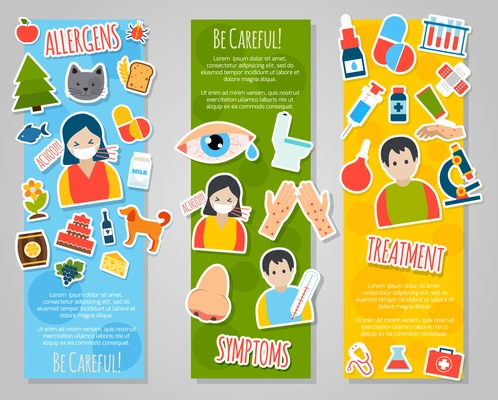 Allergies vertical banner set with allergen disease symptoms stickers isolated vector illustration