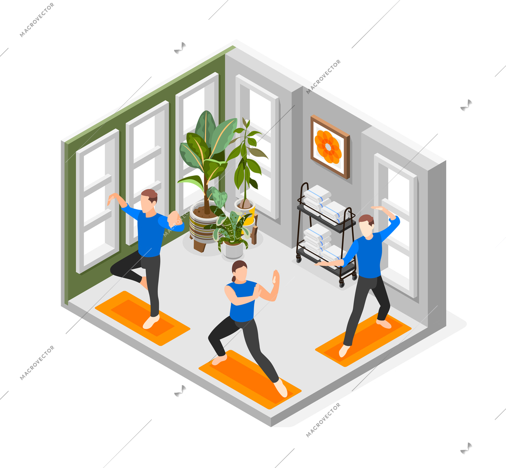 World tai chi and qigong movement day isometric composition with people training indoor vector illustration