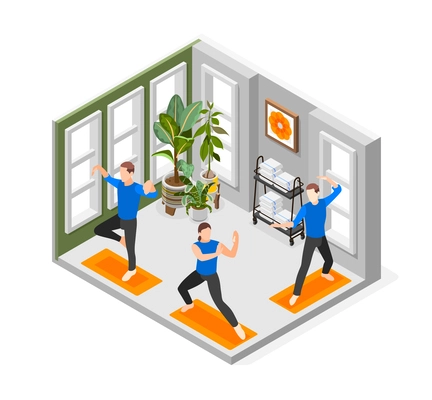 World tai chi and qigong movement day isometric composition with people training indoor vector illustration