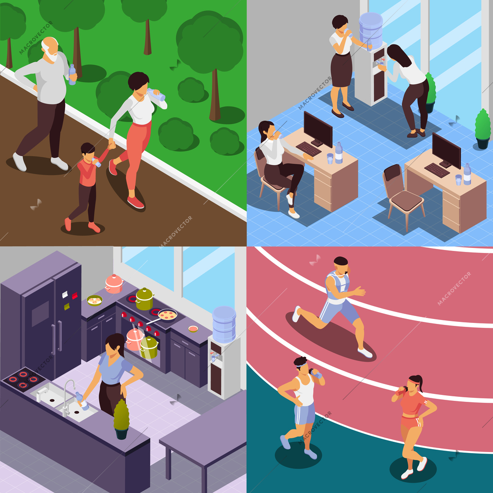 People drinking water concept icons set with jogging symbols isometric isolated vector illustration