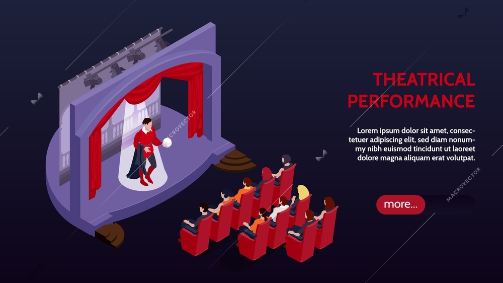 Theatre horizontal banner with theatricalperformance symbols isometric vector illustration