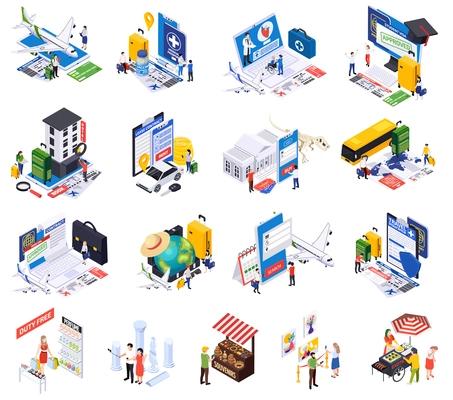 International tourism isometric set with isolated compositions of travel icons human characters landmarks and airport procedures vector illustration