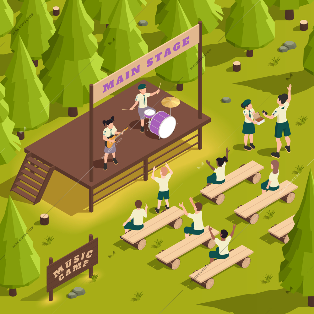 Music concert in summer camp in forest with children playing guitar and drums on stage girl handing out cookies 3d isometric vector illustration