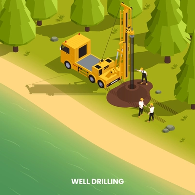 Well drilling in forest isometric composition with drill rig and workers near river 3d vector illustration