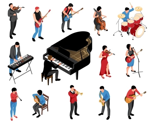 Isometric musicians icons set with people playing musical instruments and singing isolated vector illustration