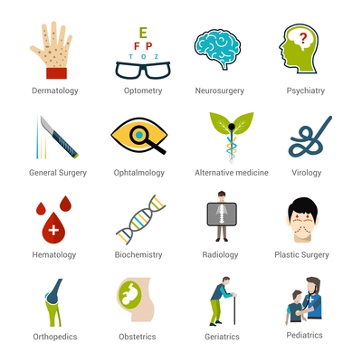 Medical specialties icons set with dermatology optometry neurosurgery psychiatry isolated vector illustration