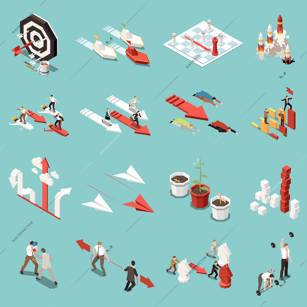 Business competition isometric set with arrows target rocket launcher chess board icons isolated vector illustration