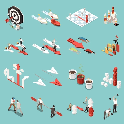 Business competition isometric set with arrows target rocket launcher chess board icons isolated vector illustration