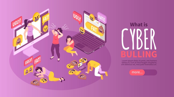 Isometric cyberbuyllying horizontal banner with hatefull comments and stressed victims vector illustration