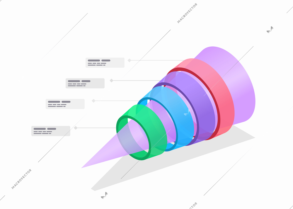 Funnel infographics diagram template with four colorful circle options of business process abstract isometric vector illustration