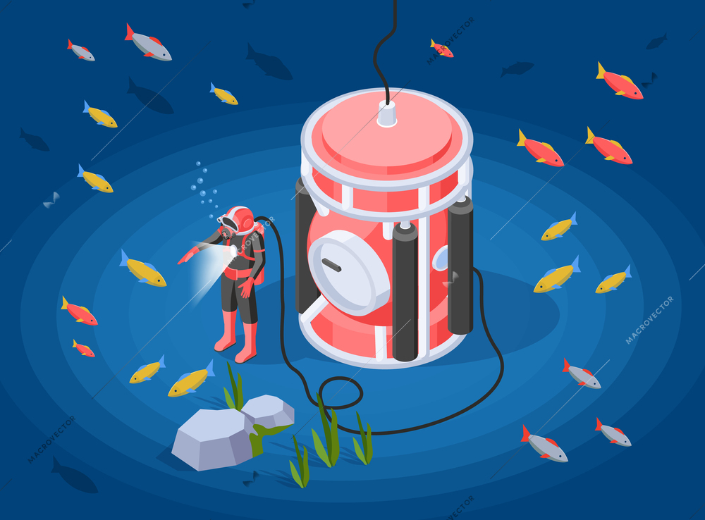 Underwater explore isometric composition with man in diving suit studying inhabitants of ocean near bathyscaphe vector illustration