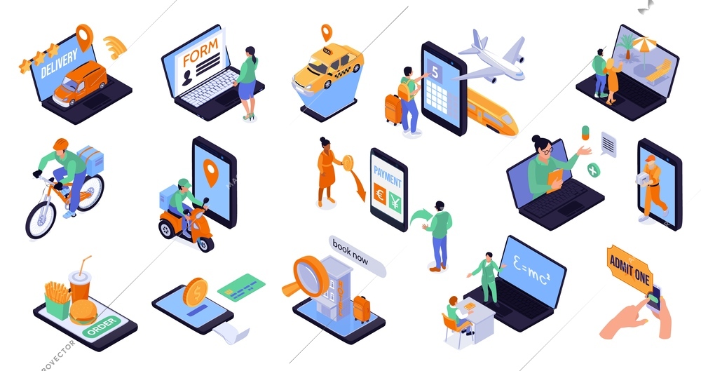 Online services isometric set of people used gadgets for booking order delivery and remote education isolated vector illustration