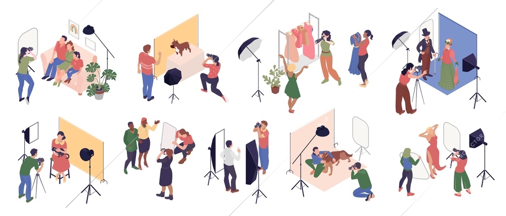 Photo session isometric set of human and animal models posing in photo studio isolated vector illustration