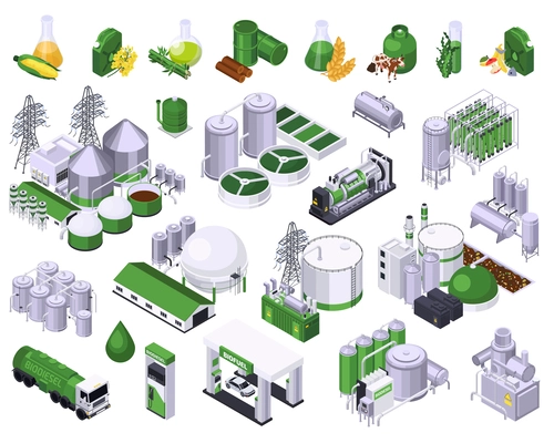 Bio fuel production isometric set with isolated icons of plant facilities storage tanks and biological supplies vector illustration