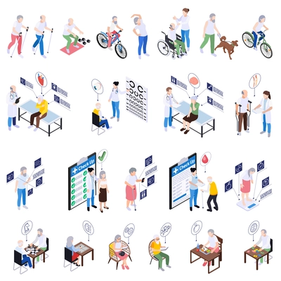 Set with isolated senior healthcare healthy aging isometric images with human characters and conceptual pictogram icons vector illustration