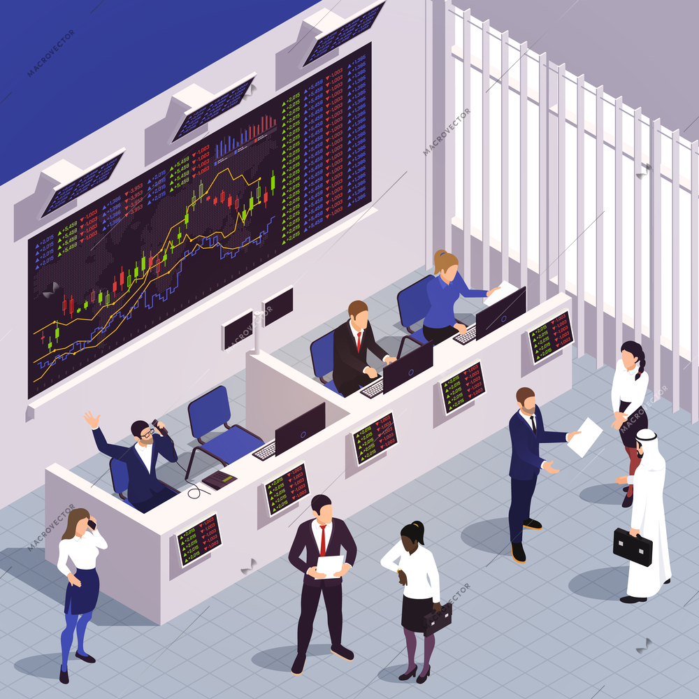 Financial professions isometric composition with indoor view of exchange house with screens stocks and human characters vector illustration