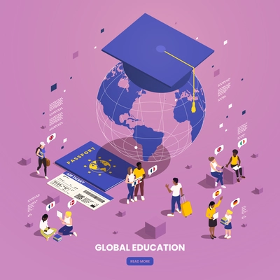 Global education student exchange isometric composition with earth globe academic hat and human characters of students vector illustration