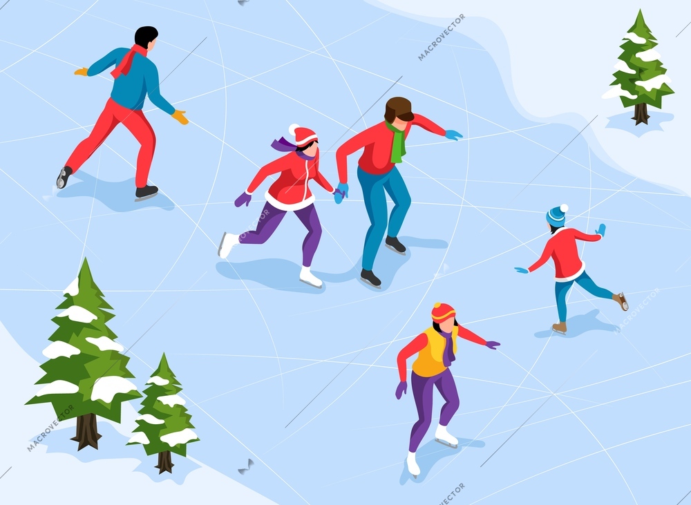 Adults and children skating on outdoor ice rink 3d isometric vector illustration