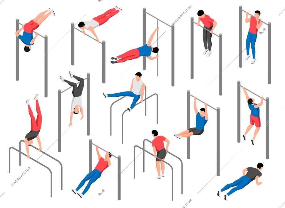 Workout isometric set with men doing push ups and pulls ups on bars isolated 3d vector illustration