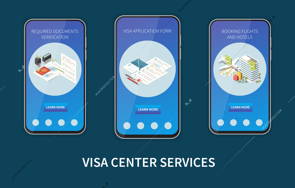 Visa center services isometric concept representing required documents verification and booking flights and hotels vector illustration