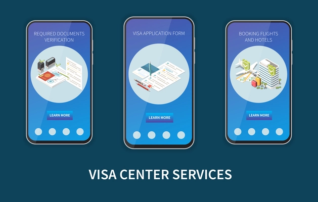 Visa center services isometric concept representing required documents verification and booking flights and hotels vector illustration