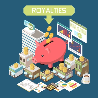 Royalties in franchise business isometric background with coins falling into big piggy bank vector illustration