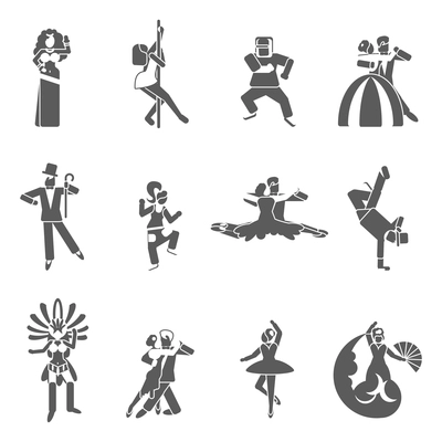 Dancing styles black icon set with elegant dressed couples isolated vector illustration