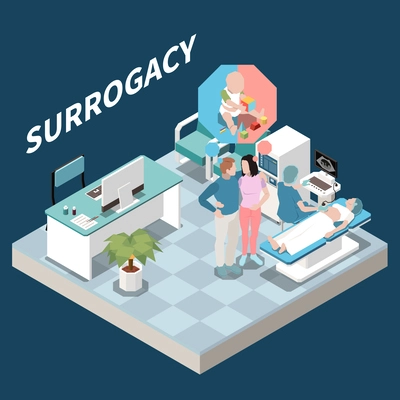 Surrogacy isometric vector illustration depicting married couple watching examination of  surrogate mother in ultrasound room