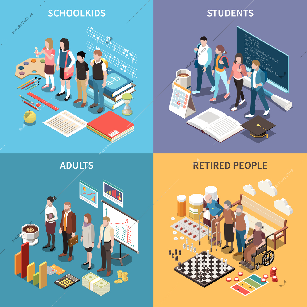 People generations 2x2 design concept set of schoolkids students adults and retired people square compositions isometric vector illustration