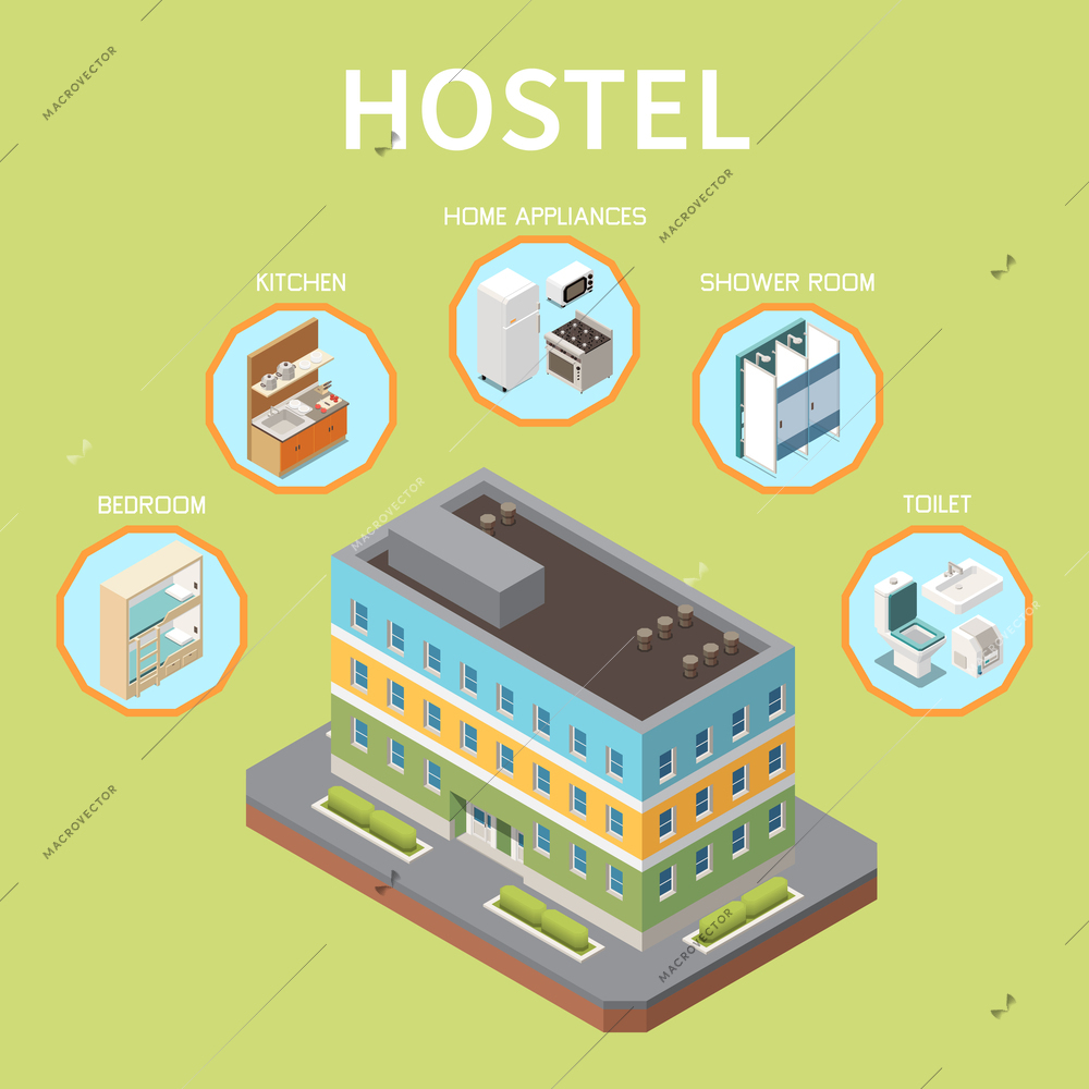 Hostel isometric background with bedroom kitchen toilet shower room home appliances icons vector illustration