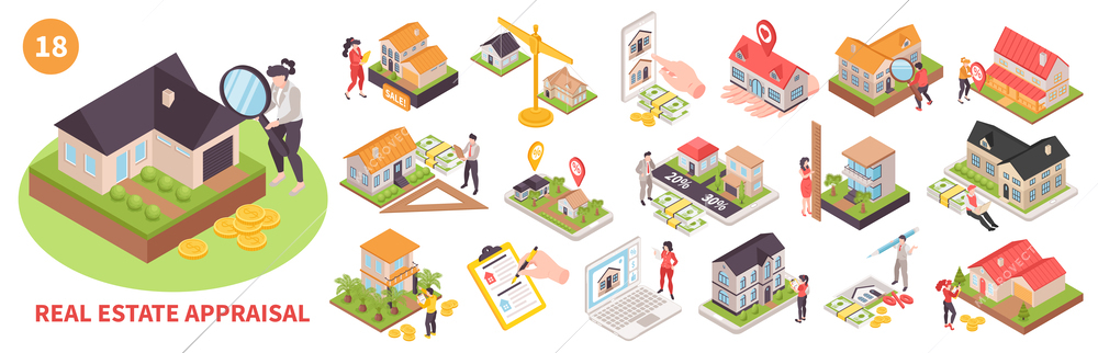 Isometric set of real estate appraisal tips isolated vector illustration