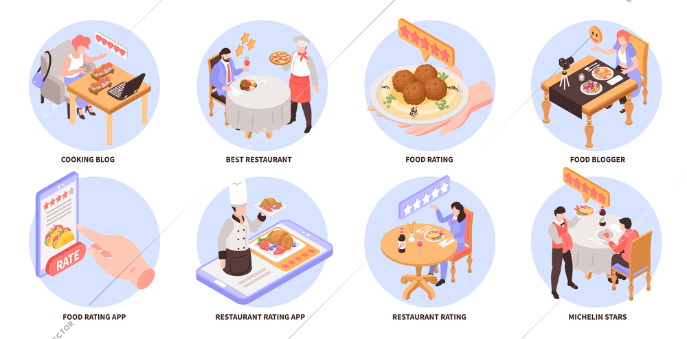 Restaurant rating composition set with food blogger reviews isolated vector illustration