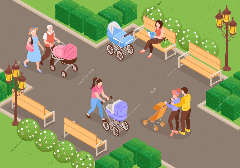 Isometric baby carriage concept with young walkin parents in park vector illustration