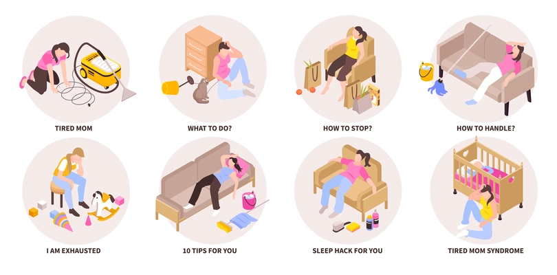 Housewife isometric concept set with women tired of housework isolated vector illustration