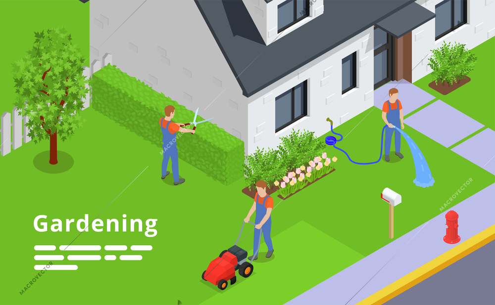 Gardening isometric background with professional gardeners working on landscape design of house territory  vector illustration