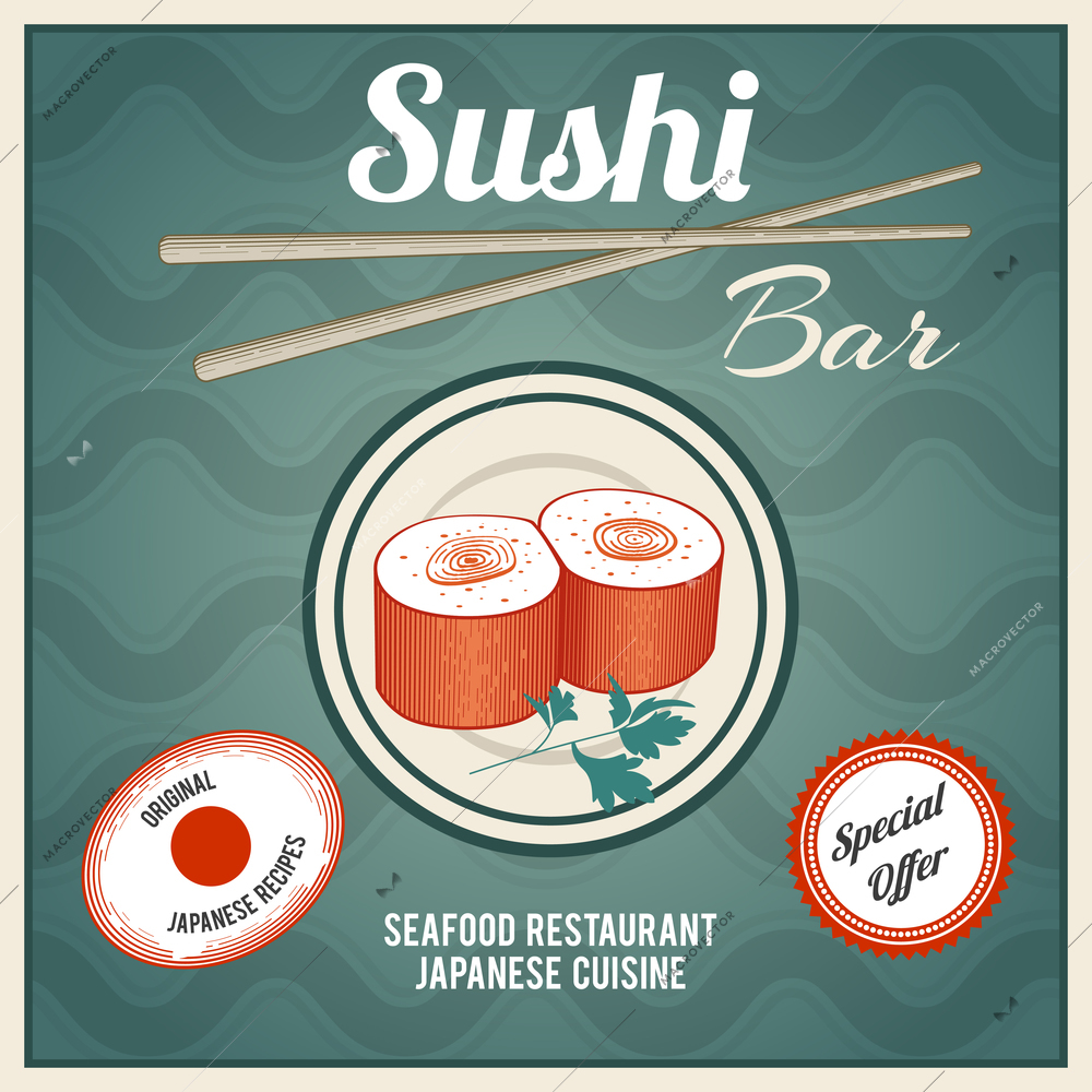 Seafood sushi bar japanese cuisine restaurant retro poster with fish rolls and chopsticks vector illustration