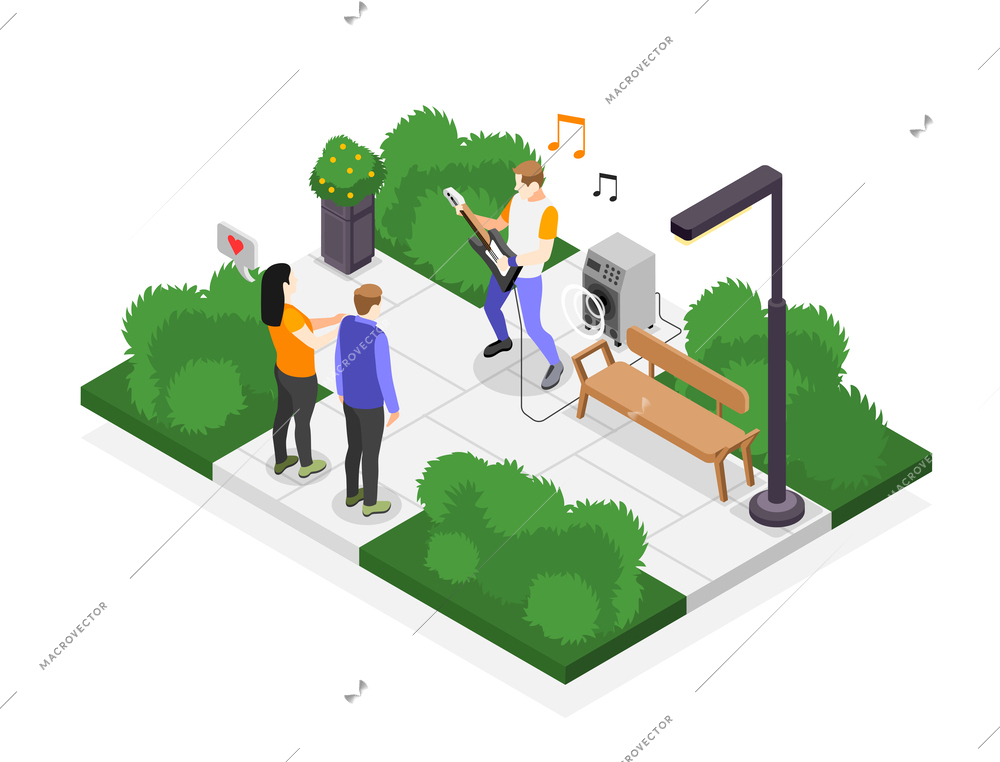 Street artists isometric composition with piece of park landscape with man playing electric guitar and audience vector illustration