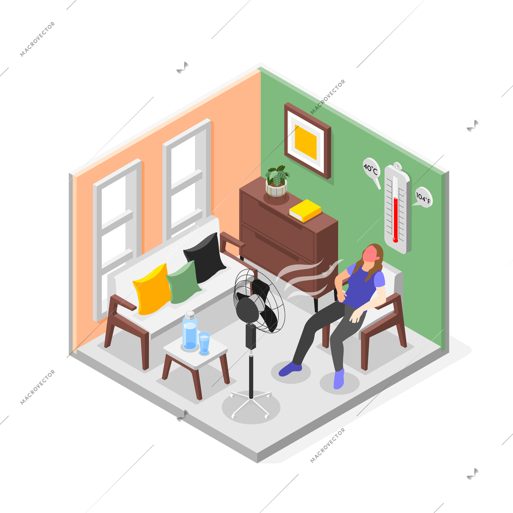 Heat stroke isometric composition with living room scenery and overheated woman sitting in front of fan vector illustration