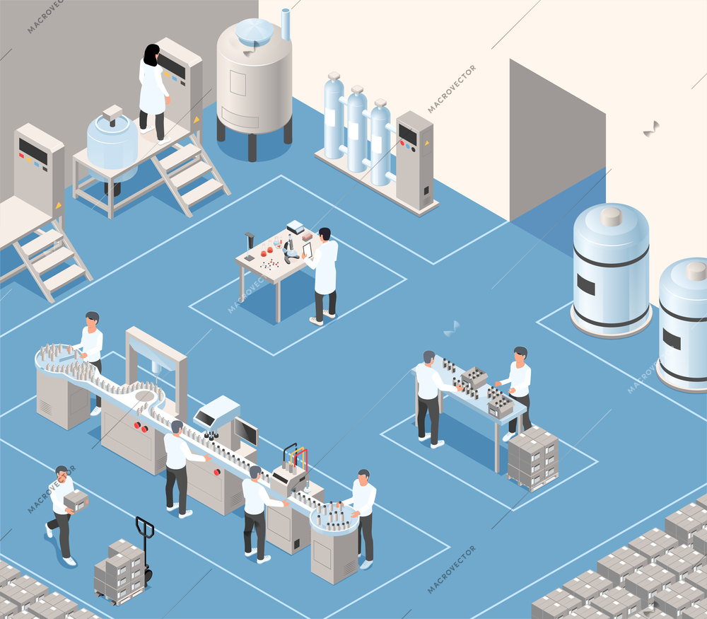 Cosmetics production isometric background with staff working in filling capping and package of product vector illustration