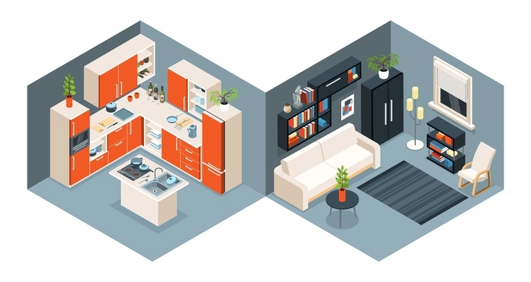 Isometric interior composition with set of two modern interior views with kitchen scenery and living room vector illustration